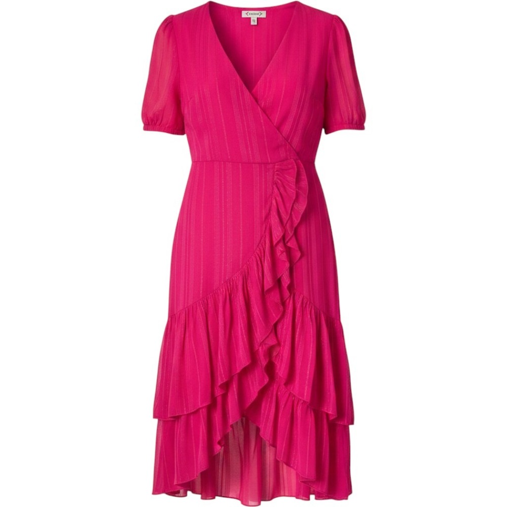 Nanette Lepore Dress 8 Pink Metallic Stripe Ruffle Faux Wrap High-Low Barbiecore